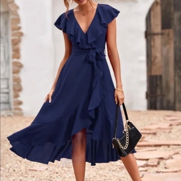 Solid Ruffle Hem Trim Belted Wrap Dress New - Picture 8 of 10